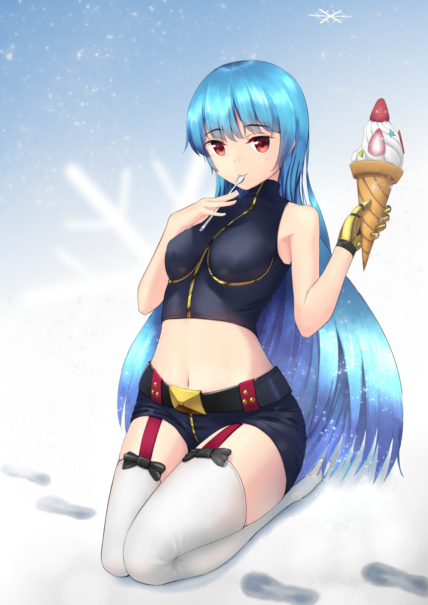 1girl absurdres arched_back bangs belt blue_background blue_hair blue_shorts breasts crop_top eyebrows_visible_through_hair food footprints fruit garter_straps gloves high_collar highres holding holding_food holding_spoon ice_cream ice_cream_cone kula_diamond leotard light_smile long_hair looking_at_viewer medium_breasts midriff navel nearoul_kishi no_shoes red_eyes seiza shorts single_glove sitting snow snowflake_background solo spoon spoon_in_mouth strawberry the_king_of_fighters thighhighs very_long_hair white_legwear yellow_gloves