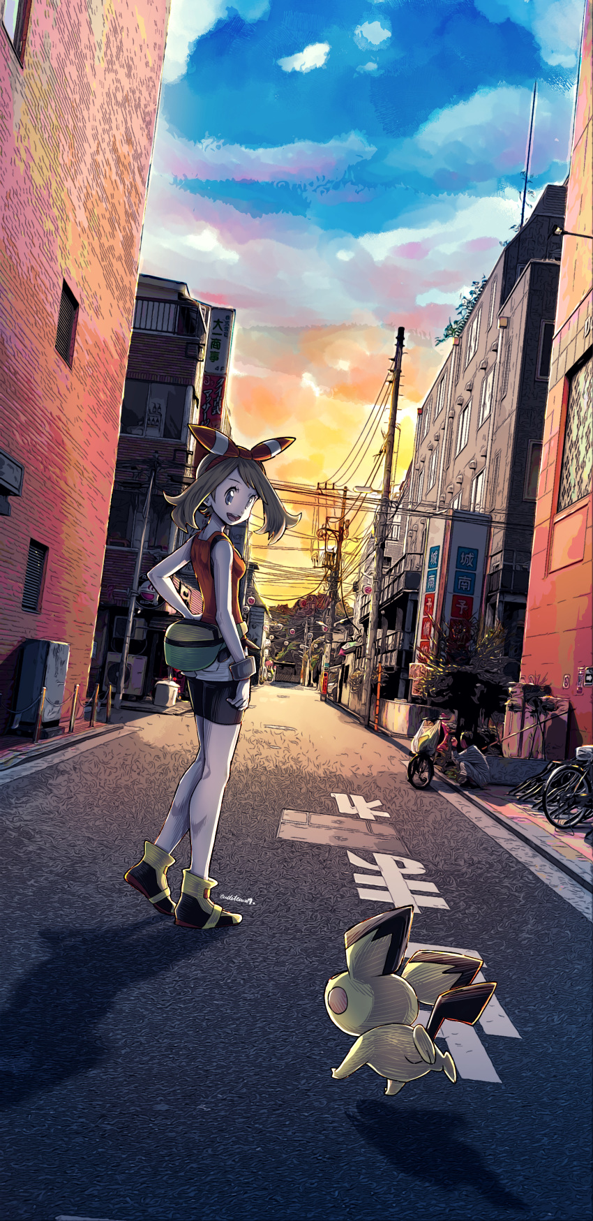 1girl :d absurdres bike_shorts black_shorts blue_eyes bow brown_hair cloud day eudetenis floating_hair full_body gen_2_pokemon hair_bow hand_on_hip haruka_(pokemon) headband highres long_hair open_mouth outdoors pichu pokemon pokemon_(creature) pokemon_(game) pokemon_oras red_headband red_shirt shadow shirt short_shorts shorts shorts_under_shorts sleeveless sleeveless_shirt smile solo_focus striped striped_bow white_shorts