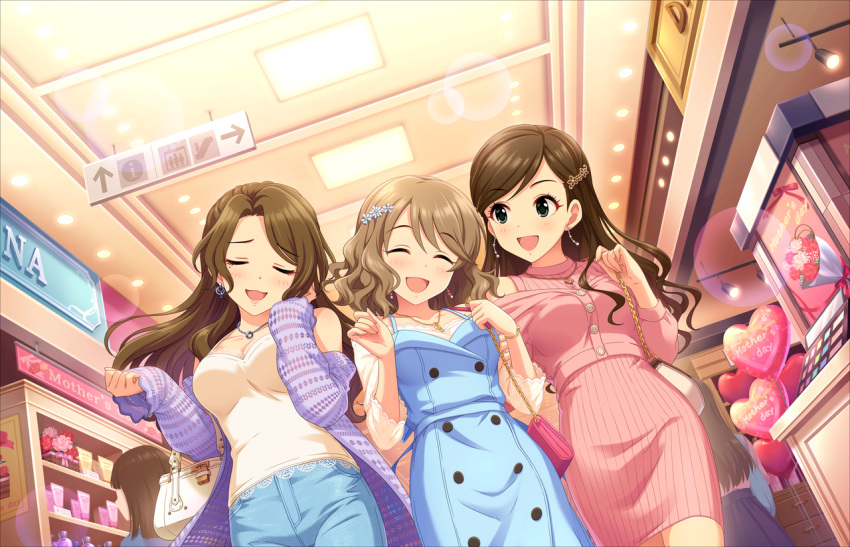 3girls :3 ^_^ ^o^ artist_request bag blush breasts brown_hair closed_eyes directional_arrow earrings etou_misaki_(idolmaster) facing_away facing_viewer flower girl_sandwich hair_flower hair_ornament handbag idolmaster idolmaster_cinderella_girls idolmaster_cinderella_girls_starlight_stage indoors jewelry kishibe_ayaka large_breasts long_hair looking_at_another mall messy_hair mother's_day multiple_girls necklace official_art open_mouth sandwiched short_hair smile tsukimiya_miyabi wavy_hair