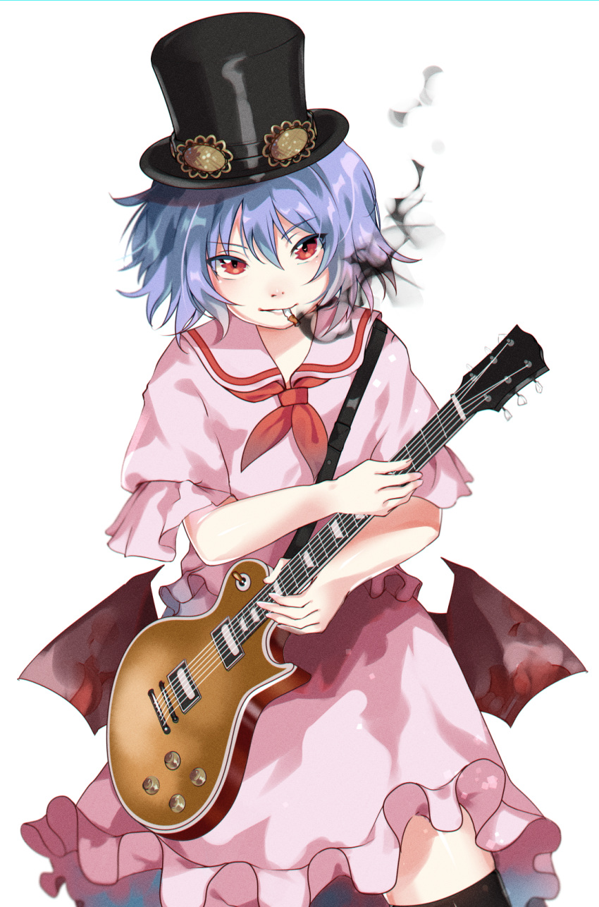 1girl alternate_headwear bangs bat_wings black_headwear black_legwear blue_hair cigarette commentary cosplay cowboy_shot diokira dress electric_guitar english_commentary eyebrows_visible_through_hair guitar guns_n'_roses hair_between_eyes hat highres holding holding_instrument instrument looking_at_viewer low_wings mouth_hold neckerchief parted_lips pink_dress pink_sailor_collar puffy_short_sleeves puffy_sleeves red_eyes red_neckwear remilia_scarlet sailor_collar short_hair short_sleeves simple_background slash_(guns_n'_roses) slash_(guns_n'_roses)_(cosplay) smile smoke smoking solo standing thighhighs top_hat touhou white_background wings