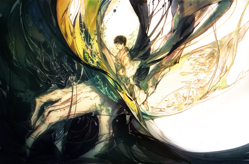 1boy arms_at_sides bangs barefoot black_hair closed_mouth creature floating frown giant_hand h2so4kancel highres japanese_clothes kimono liquid long_sleeves male_focus minai_kumado monster mushishi surreal unconscious white_background