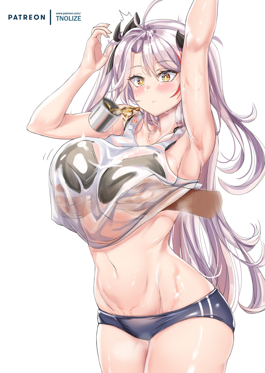 1girl antenna_hair armpits arms_up azur_lane bangs bare_shoulders bikini black_bikini black_bow blush bow breast_grab breasts cup disembodied_hands grabbing grabbing_from_behind hair_bow highres large_breasts long_hair looking_at_viewer multicolored_hair prinz_eugen_(azur_lane) see-through shirt silver_hair simple_background solo_focus streaked_hair swimsuit thighs tnolize two_side_up wet wet_clothes wet_shirt white_background white_shirt white_tank_top yellow_eyes