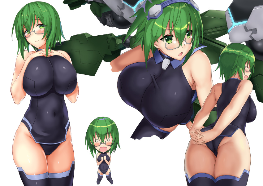 1girl bare_shoulders blush breasts covered_navel glasses green_eyes green_hair highres infinite_stratos large_breasts leotard shibayuki short_hair thighhighs yamada_maya_(infinite_stratos)