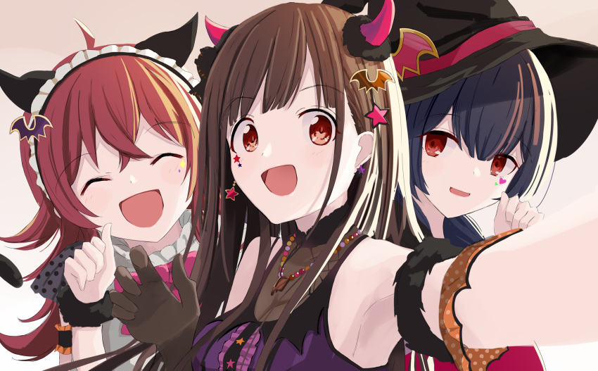 3girls :d ^_^ ahoge bangs bare_shoulders black_hair black_headwear breasts brown_background brown_eyes brown_hair center_frills closed_eyes commentary demon_horns doran_(dorannomai) dress earrings english_commentary eyebrows_visible_through_hair facing_viewer fake_horns frills hair_between_eyes halloween hat highres horns idolmaster idolmaster_shiny_colors jewelry komiya_kaho long_hair looking_at_viewer medium_breasts morino_rinze multiple_girls open_mouth outstretched_arm polka_dot purple_dress reaching_out red_eyes red_hair see-through self_shot sleeveless sleeveless_dress smile sonoda_chiyoko star star_earrings upper_body wing_hair_ornament witch_hat