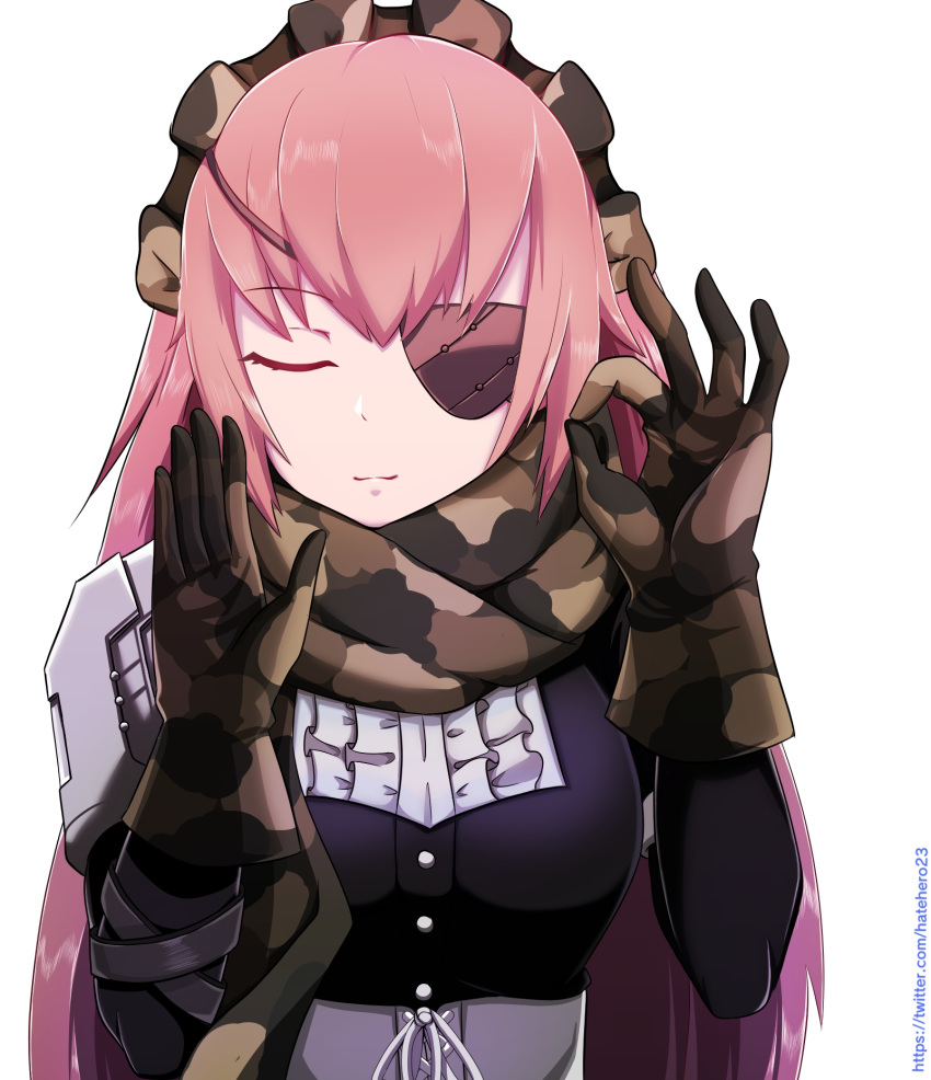 1girl black_shirt camouflage_gloves closed_eyes cz2128_delta dress_shirt eyepatch facing_viewer hh_101 highres long_hair long_sleeves maid_headdress meme overlord_(maruyama) pacha_meme pink_hair shiny shiny_hair shirt shoulder_armor simple_background solo straight_hair upper_body very_long_hair white_background