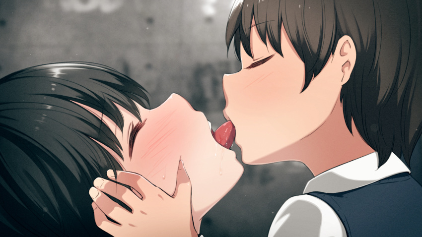 1boy 1girl age_difference black_hair blue_sweater blush bob_cut brown_hair close-up closed_eyes collared_shirt commentary_request dress_shirt french_kiss hands_on_another's_face hetero highres holding_another's_head indoors kemuri_haku kiss open_mouth original saliva shirt short_hair shota skindentation sweat sweater sweater_vest tongue tongue_out tongue_suck white_shirt