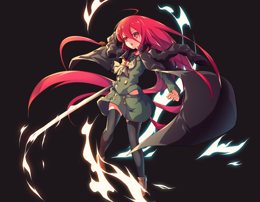 1girl ahoge alastor_(shakugan_no_shana) black_coat black_legwear bow bowtie brown_footwear coat eyebrows_visible_through_hair floating_hair full_body green_shirt green_skirt grey_bow grey_neckwear hair_between_eyes highres holding holding_sword holding_weapon katana long_hair long_sleeves looking_at_viewer miniskirt open_clothes open_coat open_mouth red_eyes red_hair school_uniform shakugan_no_shana shana shiny shiny_hair shirt skirt solo sword th-asary800 thighhighs very_long_hair weapon zettai_ryouiki