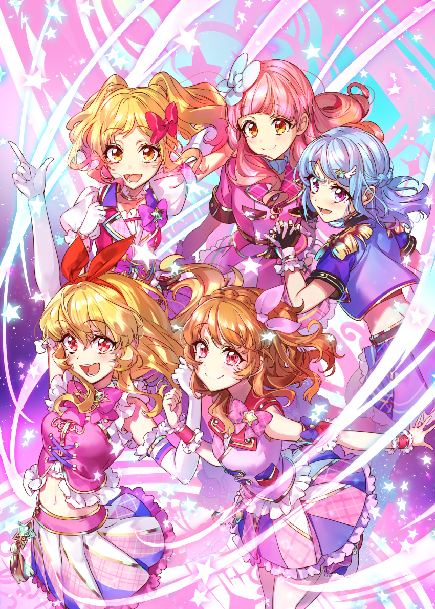 5girls absurdres aikatsu! aikatsu!_(series) aikatsu_friends! aikatsu_stars! arm_cuffs arm_up blonde_hair blue_bow blue_hair blue_jacket blush bow bow_choker braid closed_mouth commentary_request crown_braid elbow_gloves epaulettes gloves gradient_hair hair_bow hair_ornament hairband hands_together highres holding_hands hoshimiya_ichigo idol idol_clothes interlocked_fingers jacket long_hair midriff minato_mio multicolored_hair multiple_girls navel nijino_yume oozora_akari open_mouth orange_hair pink_bow pink_hair pointing pointing_up puffy_short_sleeves puffy_sleeves purple_eyes purple_hair red_bow red_eyes shoes short_sleeves skirt sleeveless smile star star_hair_ornament teeth twintails wattaro wing_hair_ornament wrist_cuffs yuuki_aine