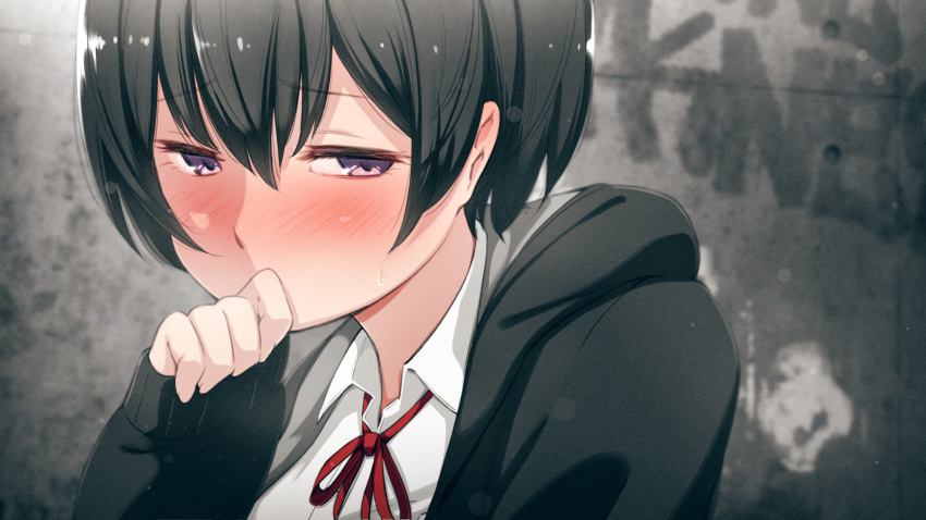 1girl black_hair blush bob_cut clenched_hand close-up commentary_request covering_mouth dress_shirt eyebrows_visible_through_hair graffiti hair_between_eyes half-closed_eyes hand_over_own_mouth highres kemuri_haku long_sleeves looking_at_viewer neck_ribbon original purple_eyes red_ribbon ribbon shirt short_hair sleeves_past_wrists wall white_shirt