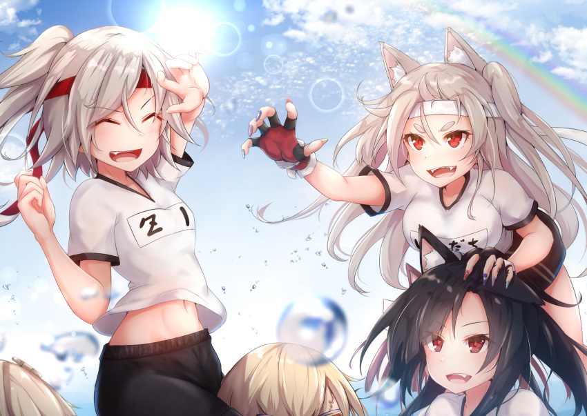 4girls alternate_costume animal_ears azur_lane baileys_(tranquillity650) black_hair black_shorts breasts character_request claw_pose cloud cloudy_sky commentary_request eyebrows_visible_through_hair fangs fingerless_gloves gloves hair_between_eyes hand_on_another's_head headband highres large_breasts light_rays long_hair multiple_girls nail_polish navel open_mouth outstretched_arm rainbow red_eyes shigure_(azur_lane) shirt short_eyebrows short_sleeves shorts silver_hair sitting sitting_on_person sky sportswear sun sunbeam sunlight thick_eyebrows v-shaped_eyebrows water_drop white_shirt wolf_ears wolf_girl yuudachi_(azur_lane) z1_leberecht_maass_(azur_lane)