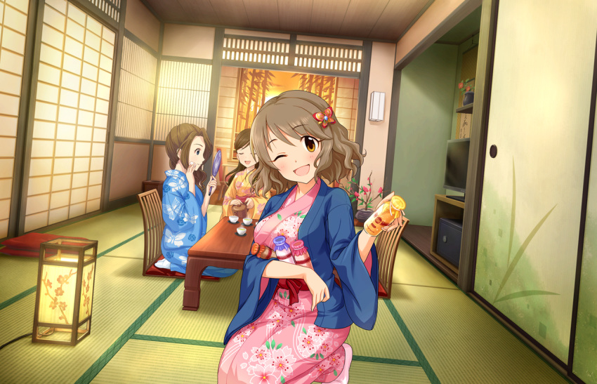 3girls :d ;d artist_request bottle brown_eyes brown_hair closed_eyes etou_misaki_(idolmaster) hanten_(clothes) idolmaster idolmaster_cinderella_girls idolmaster_cinderella_girls_starlight_stage japanese_clothes kimono kishibe_ayaka milk_bottle multiple_girls official_art one_eye_closed open_mouth ryokan smile table tatami tsukimiya_miyabi