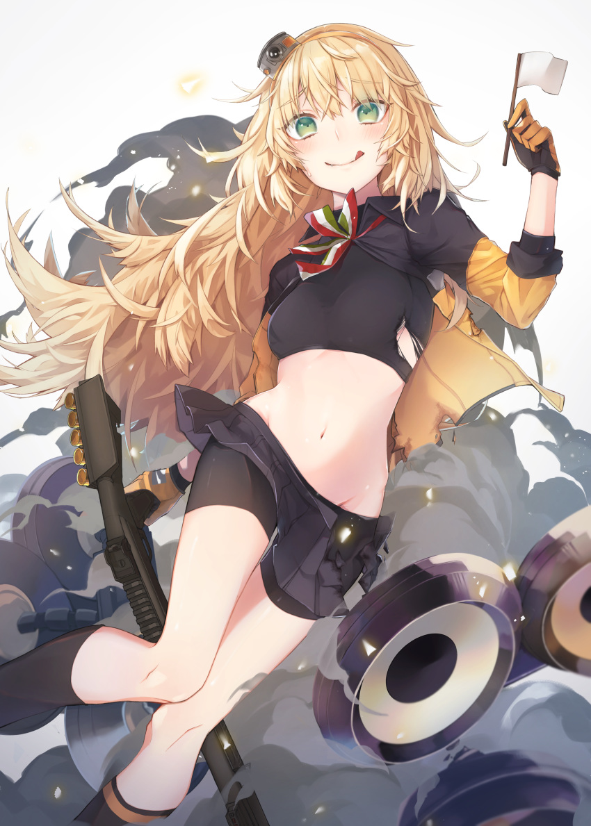 1girl :q absurdres bike_shorts blonde_hair blush commentary_request fang flag girls_frontline green_eyes gun hairband highres jacket long_hair looking_at_viewer navel pleated_skirt s.a.t.8_(girls_frontline) sakana-ko shorts shorts_under_skirt shotgun simple_background skirt smoke solo stomach tongue tongue_out torn_clothes two-tone_gloves weapon white_background white_flag