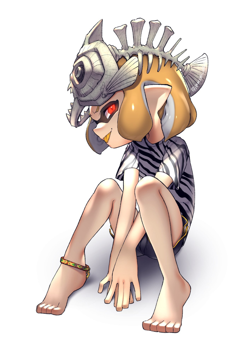 1girl :p animal_print anklet bangs barefoot black_shirt blunt_bangs bone commentary domino_mask feet fish_hat grey_headwear gym_shorts half-closed_eyes highres implied_pantyshot inkling jewelry looking_at_viewer mask orange_hair orange_tongue pointy_ears print_shirt puchiman red_eyes shirt short_hair short_shorts short_sleeves shorts sitting solo splatoon_(series) splatoon_2 t-shirt toes tongue tongue_out twitter_username white_background zebra_print