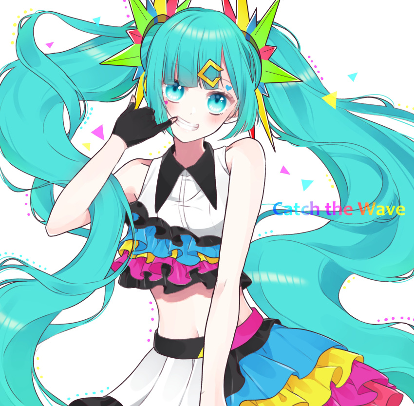 1girl absurdres asymmetrical_clothes asymmetrical_shirt asymmetrical_skirt bangs bare_arms bare_shoulders black_gloves blue_eyes blue_hair blush breasts catch_the_wave_(vocaloid) clenched_teeth collared_shirt colorful commentary curly_hair english_commentary english_text eyebrows_visible_through_hair facepaint finger_to_mouth floating_hair frilled_shirt frilled_skirt frills gloves grin hair_ornament hatsune_miku heart highres long_hair looking_at_viewer medium_breasts midriff mizuamemochimochi multicolored multicolored_clothes multicolored_shirt multicolored_skirt navel parted_bangs partly_fingerless_gloves polka_dot shirt simple_background skirt smile solo song_name teeth triangle twintails upper_body very_long_hair vocaloid white_background