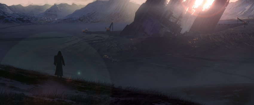 1other asteroid_ill backpack bag commission crane crater evening from_behind grass highres lens_flare mountainous_horizon o'neill_cylinder outdoors resolem scenery snow solo standing wide_shot wreckage