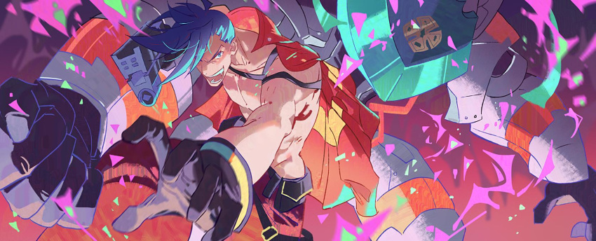 1boy blue_eyes blue_hair cape chest felicia_chen fire galo_thymos gloves highres male_focus matoi mecha promare purple_fire shirtless solo spiked_hair