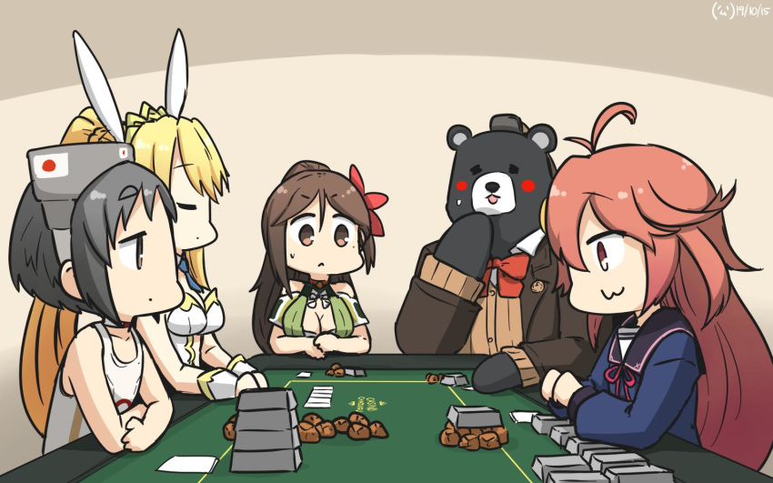 4girls :3 ahoge amagi_(kantai_collection) animal_ears artoria_pendragon_(all) artoria_pendragon_(swimsuit_ruler)_(fate) bangs bauxite bear black_hair blonde_hair blue_neckwear blush breasts brown_eyes brown_hair bunny_ears bunny_hair_ornament bunnysuit card casino_card_table casino_royale cleavage_cutout commentary crossed_arms crossover dated detached_collar diving_mask diving_mask_on_head eyebrows_visible_through_hair fate/grand_order fate_(series) flower hair_between_eyes hair_flower hair_ornament hair_ribbon hairclip hamu_koutarou high_ponytail highres james_bond_(series) japanese_flag kantai_collection kumano_(kantai_collection) large_breasts leotard long_hair looking_down maru-yu_(kantai_collection) mole multiple_girls navel navel_cutout parted_bangs pink_eyes pink_hair playing_card poker_table ponytail remodel_(kantai_collection) ribbon school_swimsuit school_uniform serafuku serious short_hair sidelocks signature sitting steel_ingot swimsuit table uzuki_(kantai_collection) white_leotard white_swimsuit wide_ponytail wrist_cuffs