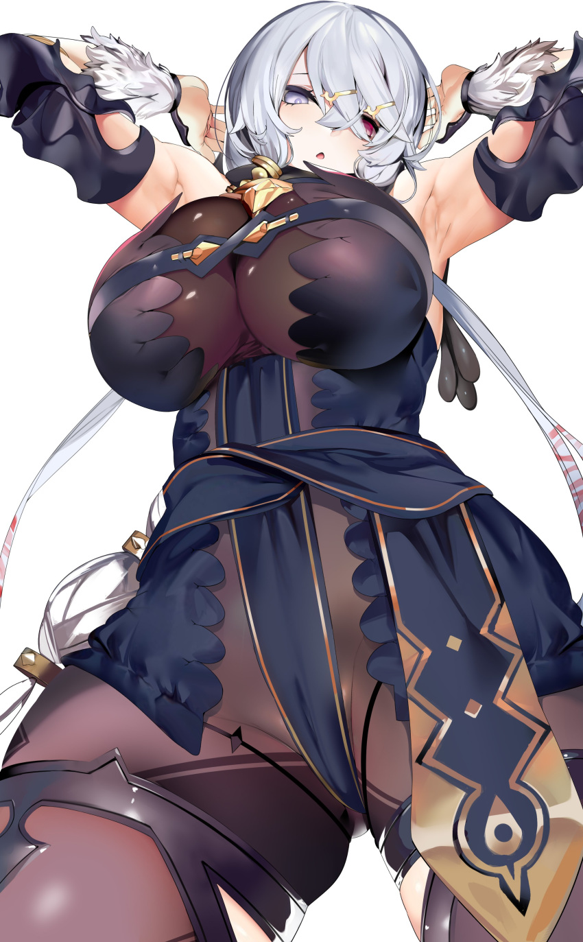 1girl absurdres armpits arms_up atelier_(series) atelier_ryza bad_id bad_twitter_id bangs bare_shoulders blue_eyes blush bodysuit breasts cleavage crossed_bangs from_below hair_ornament hairclip heterochromia highres large_breasts lila_decyrus long_hair looking_at_viewer low_twintails marushin_(denwa0214) pale_skin purple_eyes silver_hair simple_background skindentation solo thighs twintails very_long_hair white_background