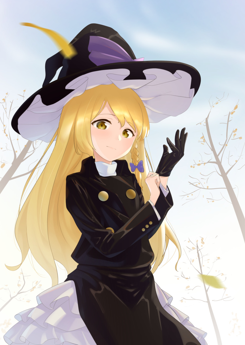 1girl adapted_costume autumn_leaves black_gloves black_shirt black_skirt blonde_hair blue_sky blurry braid cloud day depth_of_field expressionless frilled_skirt frills glove_pull gloves hair_ribbon hat hat_ribbon high_collar highres kanpa_(campagne_9) kirisame_marisa layered_skirt long_hair long_sleeves looking_at_viewer outdoors ribbon shirt shirt_under_shirt single_braid single_glove skirt sky solo touhou tree tress_ribbon very_long_hair white_shirt witch_hat yellow_eyes