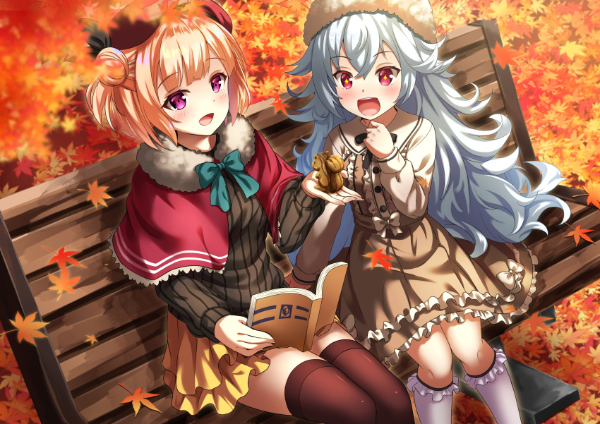 +_+ 2girls :d animal autumn_leaves azur_lane bangs bench beret black_bow black_ribbon black_sweater blonde_hair blue_bow blurry blurry_foreground blush book bow brown_dress brown_legwear capelet collared_dress commentary_request depth_of_field dress eyebrows_visible_through_hair frilled_dress frilled_legwear frills fur-trimmed_capelet fur_hat fur_trim graf_zeppelin_(azur_lane) hair_between_eyes hair_ribbon hand_up hat highres holding holding_animal kasaran kneehighs layered_skirt leaf leipzig_(azur_lane) long_hair long_sleeves maple_leaf multiple_girls on_bench open_book open_mouth park_bench pleated_skirt purple_eyes red_capelet red_eyes red_headwear ribbed_sweater ribbon short_hair silver_hair sitting_on_bench skirt smile squirrel sweater thighhighs upper_teeth very_long_hair white_headwear white_legwear yellow_skirt zeppelin-chan_(azur_lane)