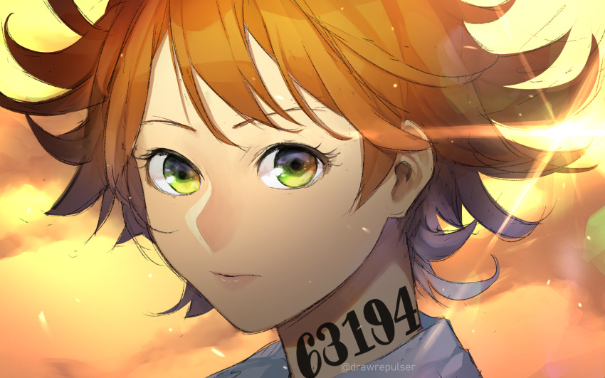 1girl bangs brown_hair closed_mouth drawrepulser emma_(yakusoku_no_neverland) green_eyes highres looking_at_viewer portrait short_hair sketch solo sunlight tattoo twitter_username upper_body watermark yakusoku_no_neverland