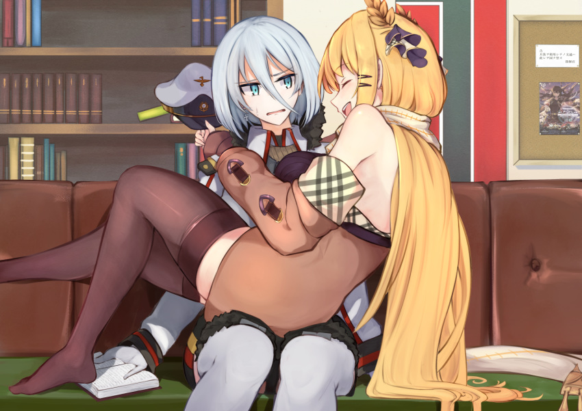 2girls azur_lane bangs black_legwear black_sweater blonde_hair blue_eyes book bookshelf brown_coat casual closed_eyes coat coat_dress couch cross cross_earrings earrings gloves hair_between_eyes hair_ornament hair_ribbon hairclip hat indoors jewelry laurel_crown long_hair long_sleeves marshall2033 mikasa_(azur_lane) multiple_girls off_shoulder on_couch open_mouth peaked_cap poster ribbed_sweater ribbon scarf short_hair sitting sitting_on_lap sitting_on_person smile sweatdrop sweater thighhighs tirpitz_(azur_lane) victorious_(azur_lane) victorious_(goddess'_day_off)_(azur_lane) white_gloves white_hair white_legwear yuri