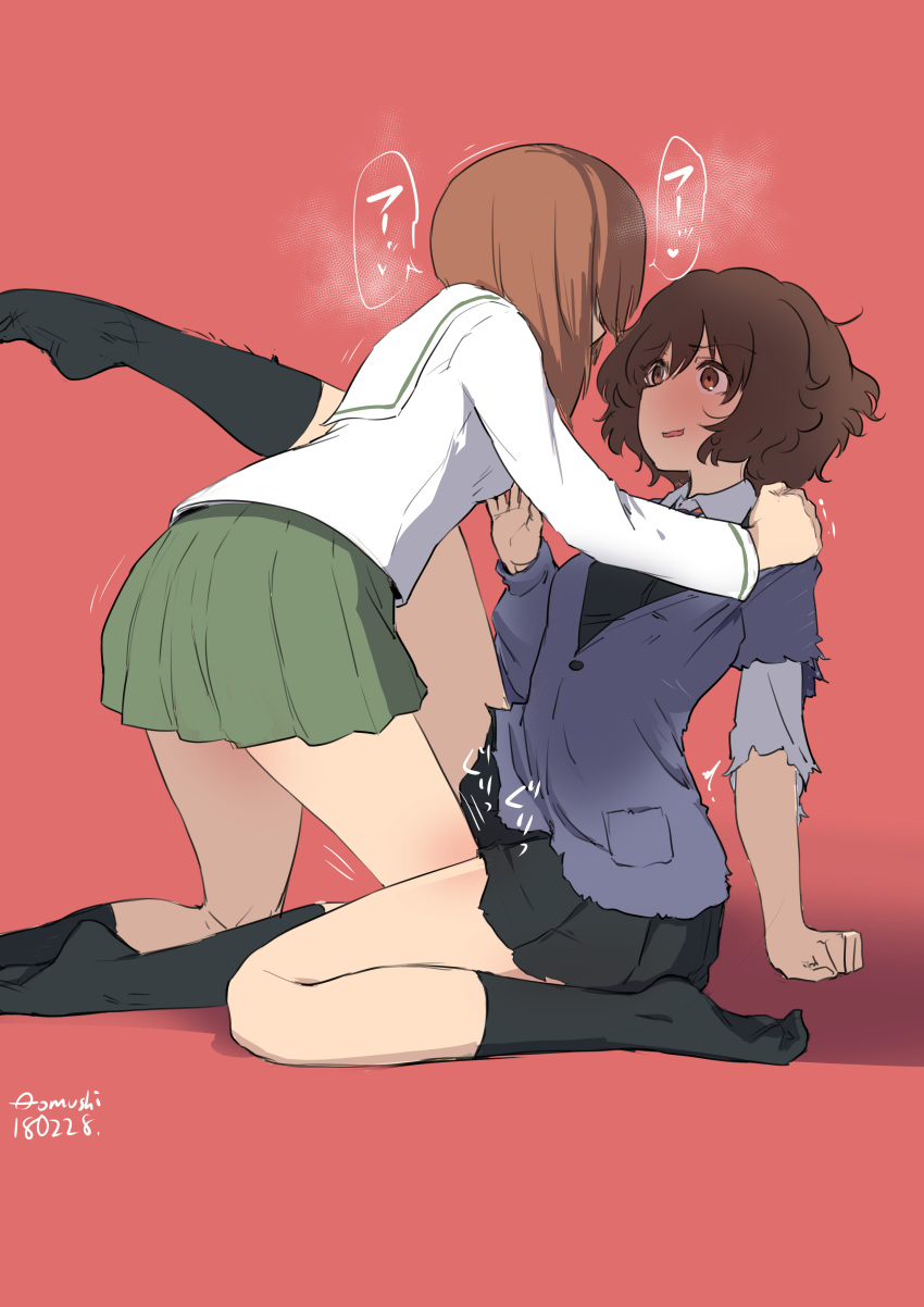 2girls absurdres akiyama_yukari aomushi_(mushamusha) bangs bc_freedom_school_uniform black_legwear blush brown_eyes brown_hair eye_contact eyebrows_visible_through_hair girls_und_panzer green_skirt hand_on_another's_shoulder heavy_breathing highres kneehighs leg_between_thighs leg_up long_sleeves looking_at_another motion_lines multiple_girls nishizumi_miho ooarai_school_uniform open_mouth plantar_flexion pleated_skirt red_background school_uniform shirt short_hair simple_background skirt speech_bubble torn_clothes translation_request trembling you_gonna_get_raped yuri