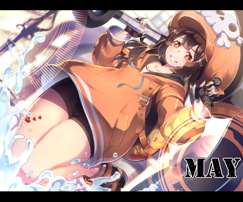1girl anchor backpack bag bangs bike_shorts black_gloves black_shorts brown_hair character_name clenched_teeth collarbone commentary_request eyebrows_visible_through_hair fingerless_gloves gloves guilty_gear guilty_gear_2020 hat highres jacket letterboxed long_hair long_sleeves looking_at_viewer may_(guilty_gear) orange_eyes orange_headwear orange_jacket shorts skull_and_crossbones smile solo teeth thighs tomoyohi
