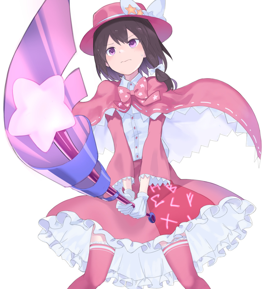 1girl 3: adapted_costume alternate_costume blush braid brown_hair buttons capelet closed_mouth collared_shirt commentary frilled_legwear frilled_skirt frills frown gloves hair_ribbon hat hat_ribbon highres holding holding_wand magical_girl pink_capelet pink_headwear pink_legwear pink_skirt purple_eyes ribbon shirt short_hair simple_background single_braid skirt solo standing sweatdrop thighhighs touhou usami_renko usuaji wand wavy_mouth white_background white_gloves white_ribbon white_shirt