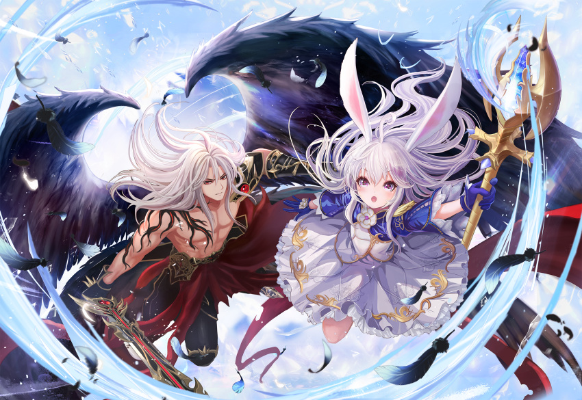 1boy 1girl ahoge animal_ears arm_up black_gloves black_pants black_wings blue_gloves blue_sleeves bunny_ears dress elin_(tera) feathered_wings feathers gloves highres huge_filesize ji-hyun_ro long_hair muscle official_art open_mouth pants pink_eyes red_eyes silver_hair staff sword tera_online topless wallpaper weapon white_dress wings