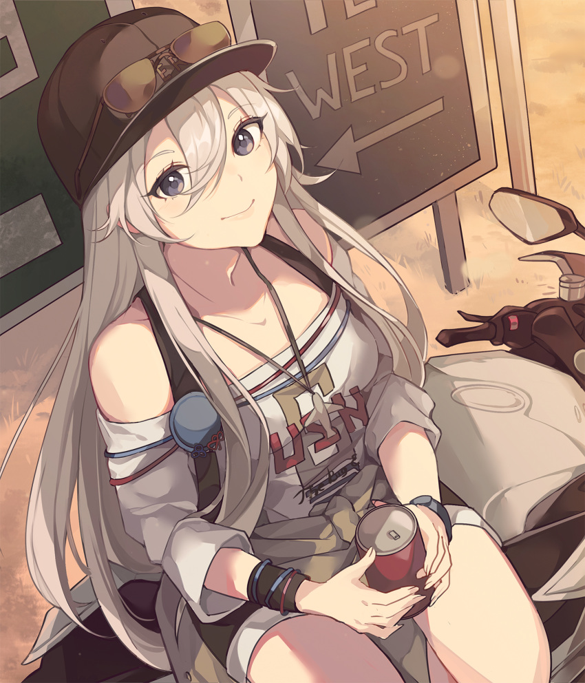 1girl azur_lane bangs bare_shoulders baseball_cap can casual clothes_around_waist commentary contemporary dutch_angle english_text enterprise_(anniversary_ride)_(azur_lane) enterprise_(azur_lane) from_above grey_hair ground_vehicle hair_between_eyes hat highres holding holding_can jacket_around_waist long_hair looking_at_viewer motor_vehicle motorcycle on_motorcycle outdoors purple_eyes saibe shorts sidelocks sidesaddle sign signpost smile soda_can solo very_long_hair wristband