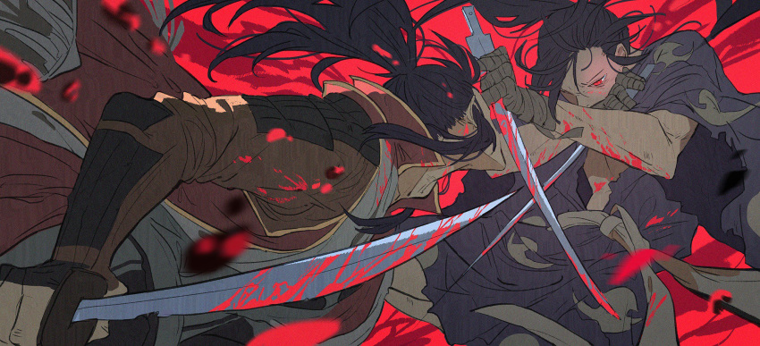 2boys armor bandaged_hands bandages black_hair blood bloody_clothes bloody_weapon dororo_(tezuka) dual_wielding felicia_chen highres holding hyakkimaru_(dororo) japanese_armor japanese_clothes katana male_focus multiple_boys ponytail red_eyes reverse_grip sword tahoumaru weapon