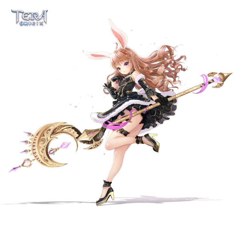 1girl animal_ears black_dress black_footwear black_gloves black_panties black_sleeves blonde_hair bunny_ears choker curly_hair detached_sleeves dress elin_(tera) full_body gloves hand_on_own_chest high_heels highres ji-hyun_ro leg_up legs long_hair official_art open_mouth panties pink_eyes shoes short_dress simple_background solo staff standing standing_on_one_leg tera_online thigh_strap thighs underwear very_long_hair weapon white_background wind wind_lift