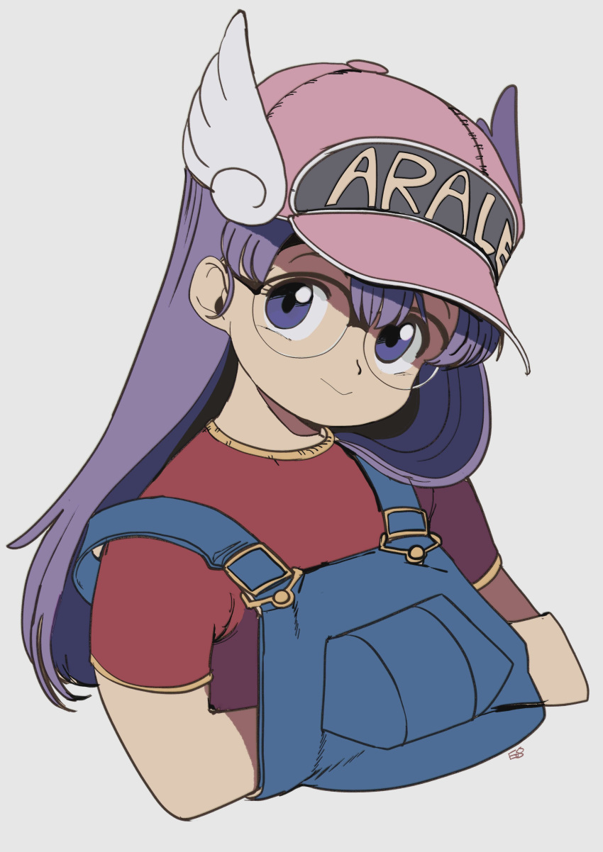 1girl :&gt; absurdres baseball_cap black-framed_eyewear breast_pocket character_name clothes_writing dr._slump edoya_inuhachi glasses grey_background hands_in_pockets hat head_tilt highres long_hair looking_at_viewer norimaki_arale overalls pocket purple_eyes purple_hair red_shirt semi-rimless_eyewear shirt short_sleeves signature simple_background smile solo straight_hair upper_body winged_hat wings