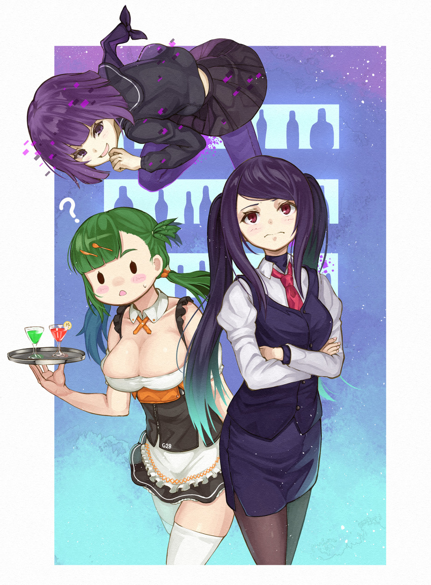 3: 3girls :d anna_graem apron bangs bartender black_legwear black_serafuku black_shirt black_skirt blush_stickers breasts closed_mouth cocktail_glass collared_shirt commentary_request crossed_arms crossover cup detached_collar drinking_glass frilled_apron frills g28_(girls_frontline) girls_frontline hair_ornament highres jill_stingray large_breasts long_hair looking_at_another low_twintails missing_limb multiple_girls numazume open_mouth pants pants_under_skirt pantyhose pencil_skirt purple_eyes purple_hair red_eyes school_uniform serafuku shirt skirt smile solid_oval_eyes standing swept_bangs thighhighs tray twintails va-11_hall-a very_long_hair vest waist_apron white_apron white_shirt wing_collar