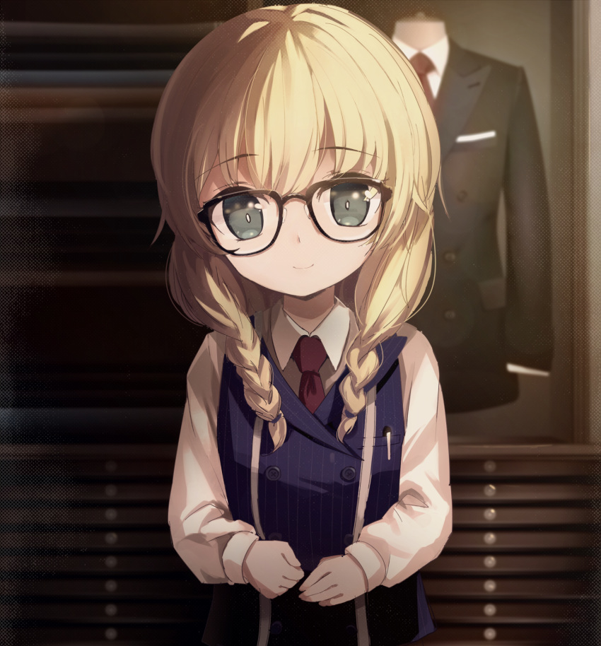 1girl black-framed_eyewear black_jacket blonde_hair blue_vest blurry blurry_background braid breasts closed_mouth collared_shirt commentary_request depth_of_field formal glasses grey_eyes hair_over_shoulder highres jacket long_hair long_sleeves looking_at_viewer necktie original red_neckwear shirt small_breasts smile solo striped suit taharu_kousuke tailor twin_braids vertical-striped_vest vertical_stripes vest white_shirt