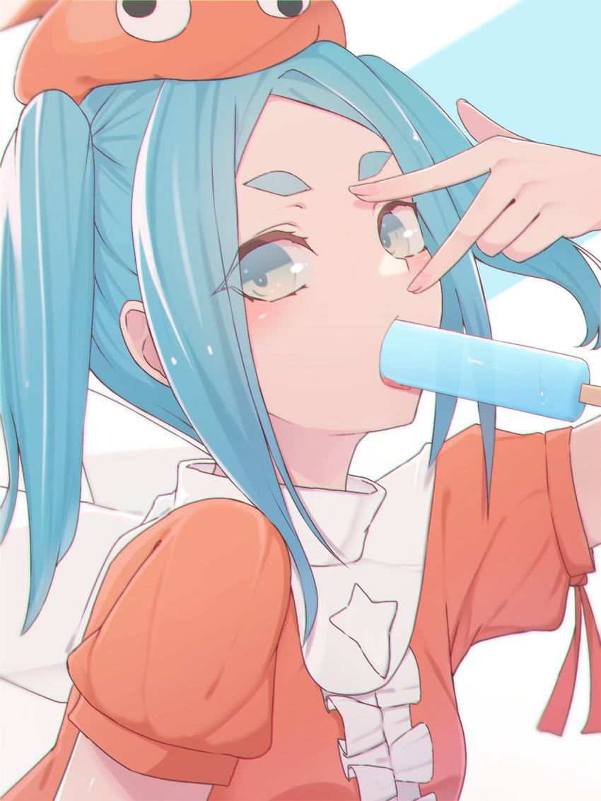 1girl arm_up blue_hair center_frills commentary_request fingernails food food_in_mouth googly_eyes green_eyes highres looking_at_viewer medium_hair monogatari_(series) mouth_hold nisemonogatari ononoki_yotsugi orange_headwear orange_shirt popsicle puffy_short_sleeves puffy_sleeves redb shiny shiny_hair shirt short_eyebrows short_sleeves sidelocks solo thick_eyebrows tongue twintails upper_body v_over_eye white_background