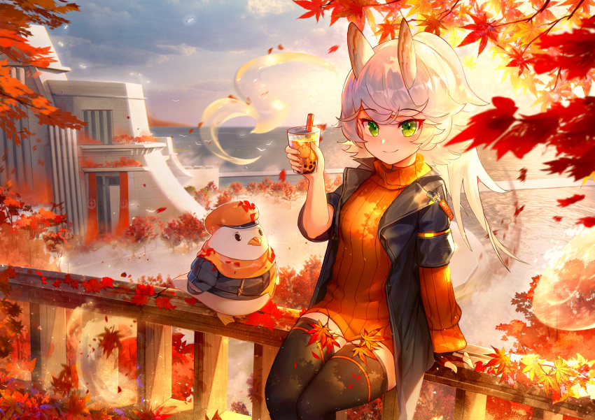 1girl absurdres animal animal_ears arm_support autumn_leaves azur_lane bangs bird black_jacket black_legwear blue_sky blurry blurry_foreground blush breasts bubble_tea building cabbie_hat closed_mouth clothed_animal cloud commentary_request cup day depth_of_field disposable_cup drawstring drinking_straw eyebrows_visible_through_hair green_eyes hat highres holding holding_cup huge_filesize jacket janyhero kitakaze_(azur_lane) leaf long_hair long_sleeves looking_at_viewer maple_leaf on_railing open_clothes open_jacket orange_headwear orange_sweater outdoors railing ribbed_sweater short_over_long_sleeves short_sleeves silver_hair sitting sitting_on_railing sky small_breasts smile solo sweater thighhighs turtleneck turtleneck_sweater