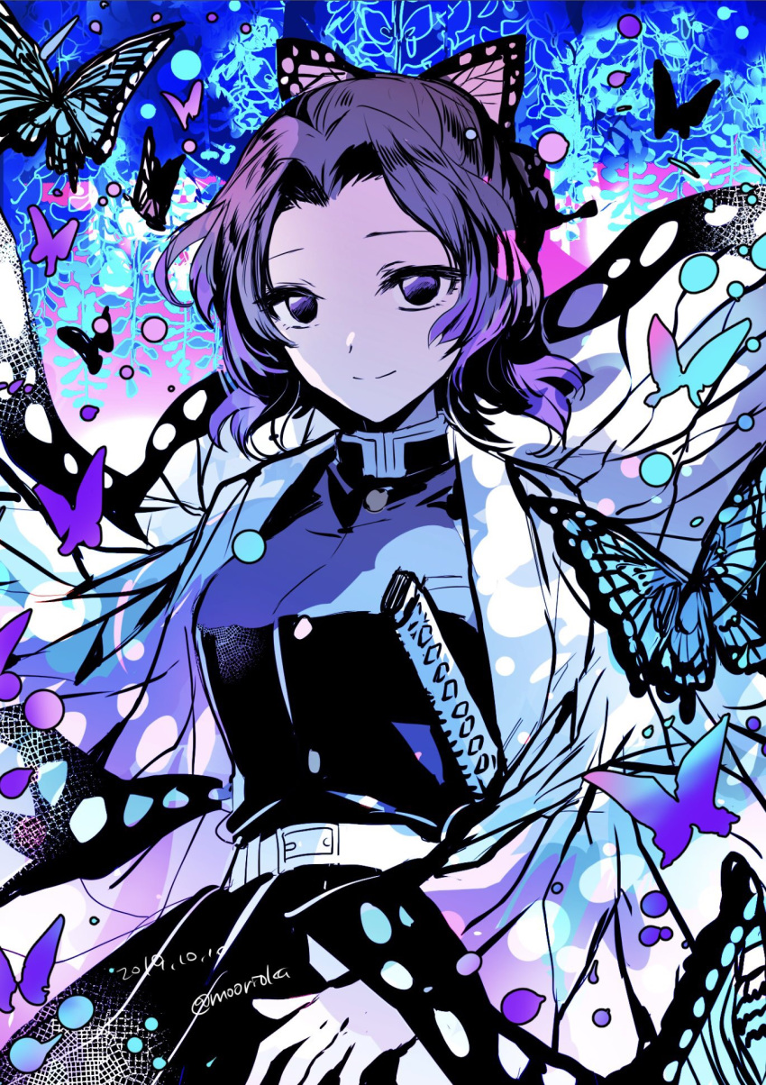 1girl animal_print artist_name belt black_jacket bug butterfly butterfly_hair_ornament butterfly_print commentary dated flower hair_ornament haori highres insect jacket japanese_clothes katana kimetsu_no_yaiba kochou_shinobu long_sleeves purple_butterfly rioka_(southern_blue_sky) sheath sheathed short_hair sleeves_past_wrists smile sword weapon wide_sleeves wisteria