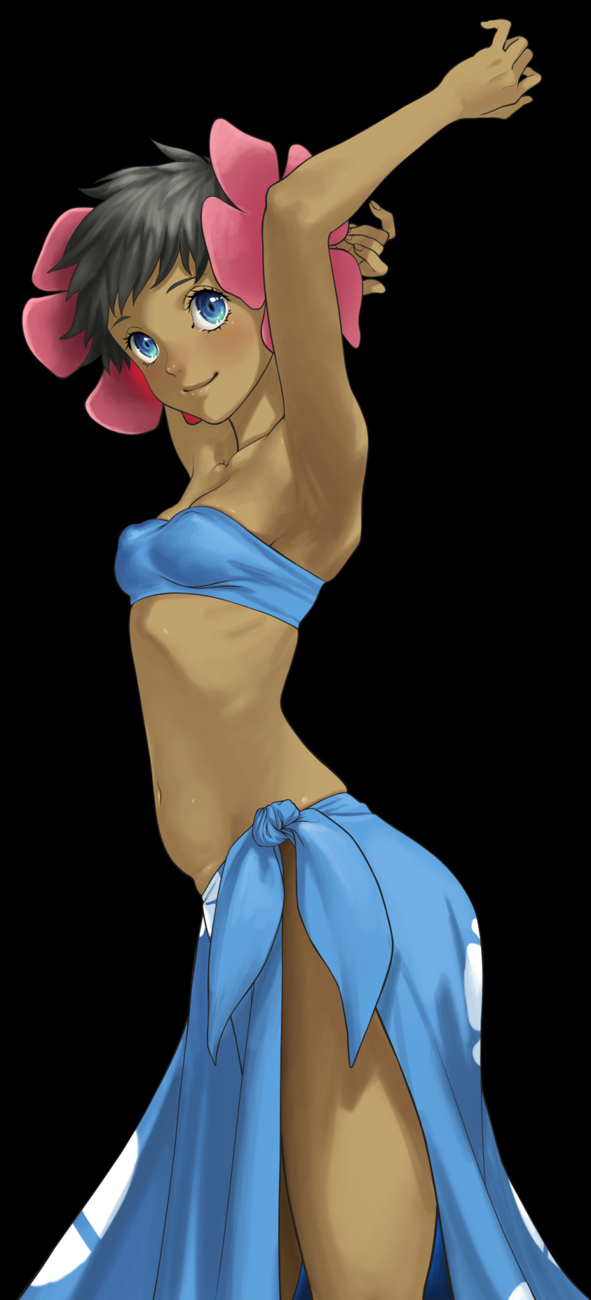 1girl absurdres arched_back armpits arms_up bangs black_background black_hair blue_eyes blue_sarong blush closed_mouth collarbone covered_nipples dark_skin elite_four flower from_side fuyou_(pokemon) hair_flower hair_ornament happy highres looking_at_viewer navel nose_blush pink_flower pokemon pokemon_(game) pokemon_rse ribs sarong short_hair simple_background skindentation smile solo standing strapless tubetop turiganesou800