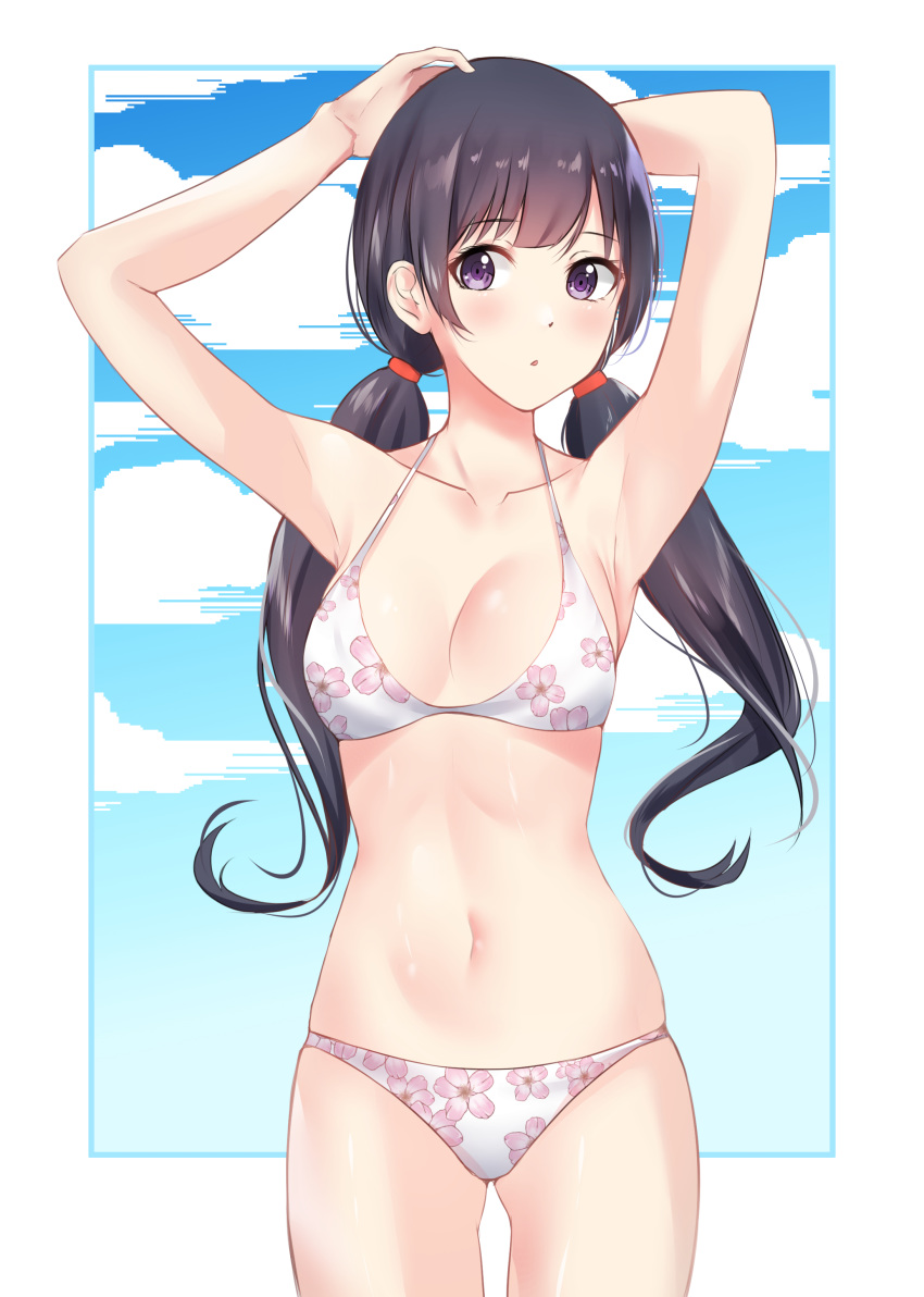 1girl absurdres bikini black_hair blue_eyes blush breasts cherry_blossom_print cleavage collarbone cowboy_shot floating_hair hair_ornament hands_on_head highres long_hair looking_at_viewer navel okamired original print_bikini shiny shiny_hair shiny_skin small_breasts solo standing swimsuit thigh_gap very_long_hair white_background white_bikini