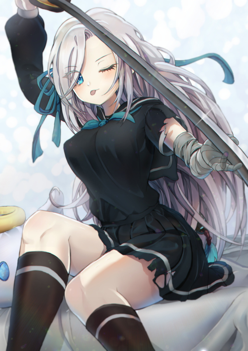 1girl absurdres aqua_bow aqua_ribbon arm_wrap black_legwear black_serafuku black_shirt black_skirt blade blue_eyes bow breasts cappukappa covered_nipples glint hair_over_one_eye highres holding holding_sword holding_weapon iris_(summoner_war) kneehighs large_breasts long_hair looking_at_viewer making-of_available mismatched_sleeves one_eye_closed ribbon school_uniform serafuku shirt short_sleeves sitting skirt summoner_war sword tongue tongue_out weapon white_hair