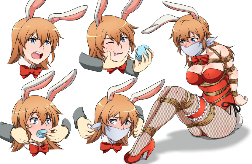 animal_ears ass bdsm blue_eyes blush bondage bound bow bowtie breasts bunny_ears bunnysuit charlotte_e_yeager cleavage cloth_gag crotch_rope fishnet_pantyhose fishnets gag gagged gertrud_barkhorn high_heels highres improvised_gag large_breasts orange_hair over_the_mouth_gag pantyhose ryner-e skindentation strike_witches world_witches_series