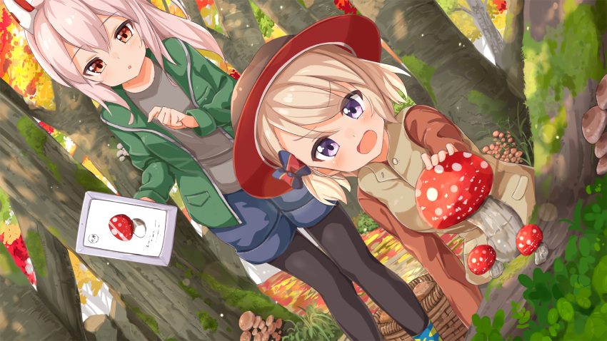 2girls ame. ayanami_(azur_lane) azur_lane bangs basket black_legwear blue_footwear blue_shorts blush boots brown_eyes brown_shirt brown_vest commentary_request day eyebrows_visible_through_hair fly_agaric forest green_jacket grey_shirt hair_between_eyes headgear highres holding jacket legwear_under_shorts light_brown_hair long_hair multiple_girls mushroom nature open_clothes open_jacket open_mouth outdoors pantyhose parted_lips pointy_ears ponytail purple_eyes shirt short_shorts shorts standing tree vest z23_(azur_lane)