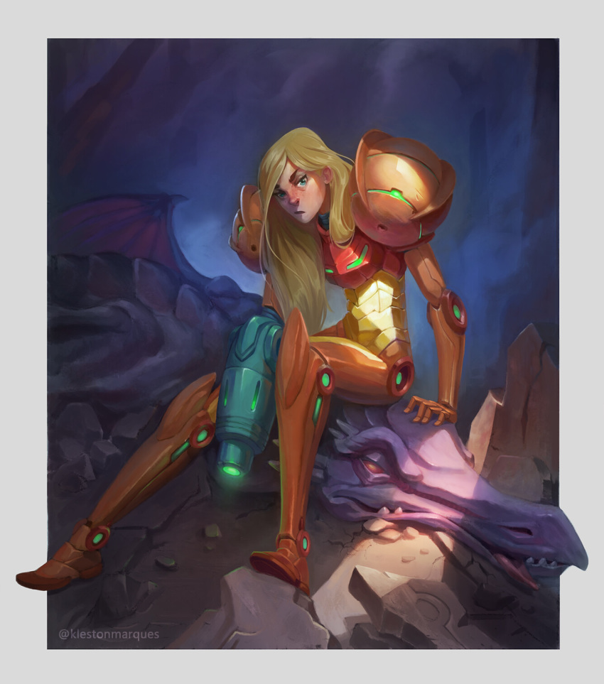 1girl 1other :/ after_battle arm_cannon arm_support blonde_hair blurry blurry_background border dark_background debris defeat fangs green_eyes highres kleston_marques long_hair looking_at_viewer metroid monster power_armor ridley rock samus_aran sitting sitting_on_person tongue tongue_out varia_suit weapon wings