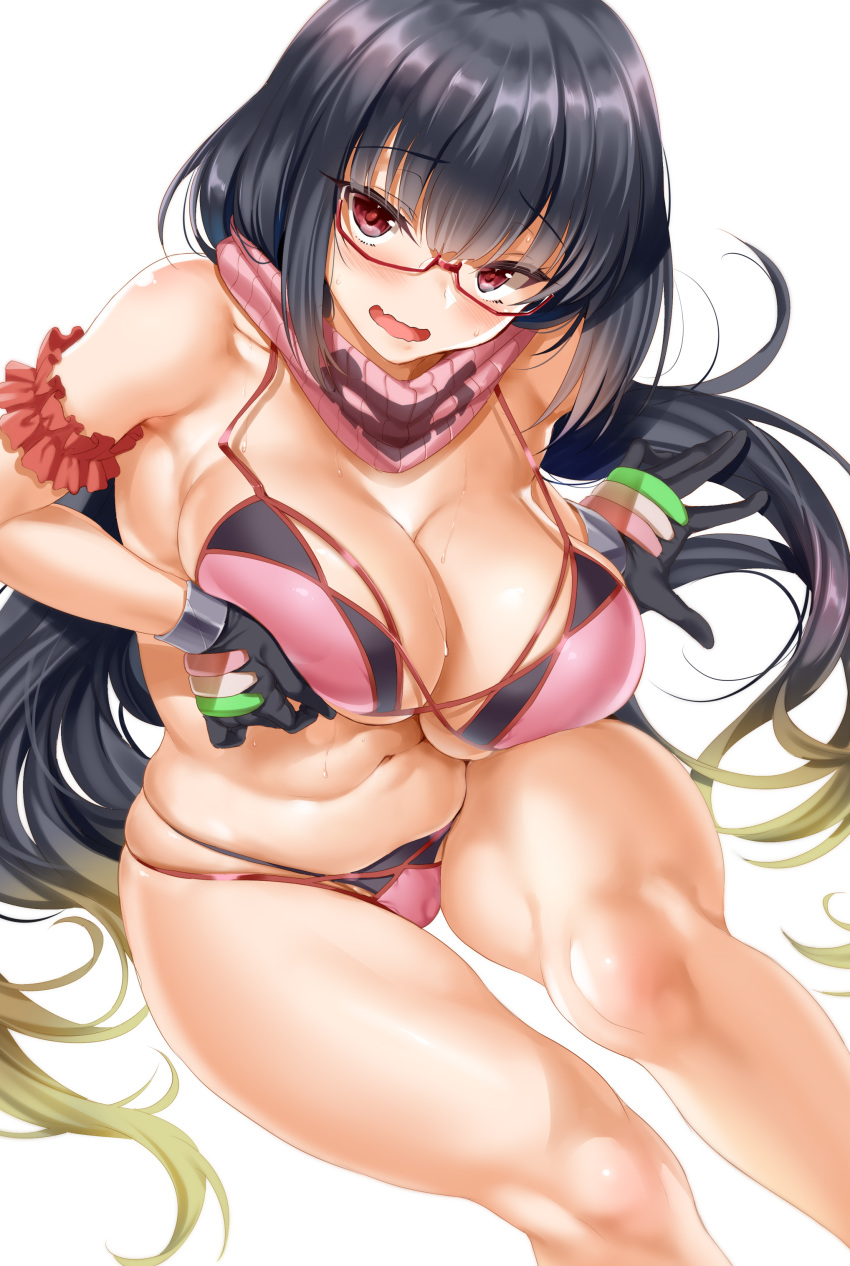1girl absurdres arm_garter bangs bare_shoulders bikini black_gloves black_hair blush breast_hold breasts brown_hair commentary_request fate/grand_order fate_(series) glasses gloves gradient_hair hand_on_own_chest highres kure_masahiro large_breasts long_hair looking_at_viewer low_twintails multicolored_hair navel open_mouth osakabe-hime_(fate/grand_order) osakabe-hime_(swimsuit_archer)_(fate) pink_bikini pink_scarf purple_eyes red-framed_eyewear scarf sitting solo swimsuit thighs twintails very_long_hair wavy_mouth