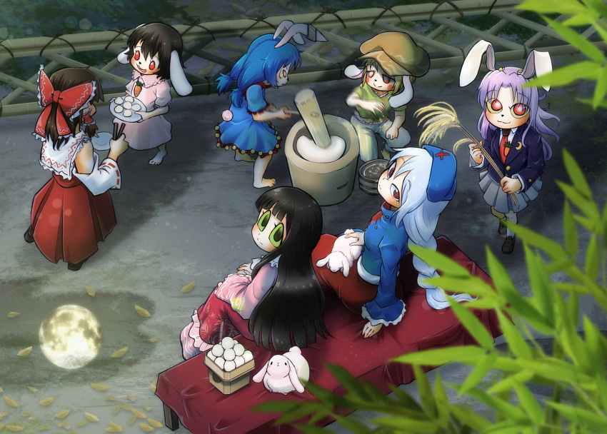 6+girls :3 animal animal_ears animal_on_lap bare_shoulders barefoot black_hair blazer blonde_hair blue_dress blue_hair bow braid bright_pupils brown_headwear bunny bunny_ears bunny_tail chamaji closed_mouth commentary detached_sleeves dress ear_clip eyes floppy_ears food from_above green_eyes grey_hair hair_bow hair_tubes hakurei_reimu hat highres houraisan_kaguya inaba_tewi jacket kine long_hair long_sleeves looking_at_another looking_up mallet medium_hair mochi mochitsuki moon_reflection mortar multiple_girls necktie night nontraditional_miko open_mouth outdoors pants puddle purple_hair red_eyes reflection reisen_udongein_inaba ribbon-trimmed_sleeves ribbon_trim ringo_(touhou) seiran_(touhou) shirt short_hair short_sleeves single_braid sitting skirt skirt_set sleeveless sleeveless_shirt smile standing tail touhou very_long_hair water white_pupils wide_sleeves yagokoro_eirin