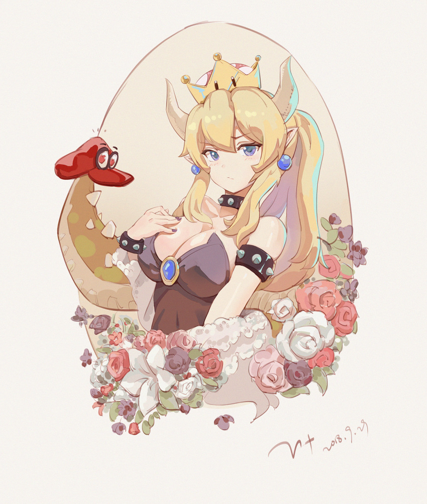 1girl bare_shoulders blackcat_enjia blonde_hair bowsette breasts cleavage collar crown earrings flower genderswap genderswap_(mtf) hat highres horns jewelry long_hair looking_at_viewer mario_(series) medium_breasts new_super_mario_bros._u_deluxe pointy_ears sidelocks spiked_armlet spiked_collar spikes super_crown super_mario_odyssey tail upper_body