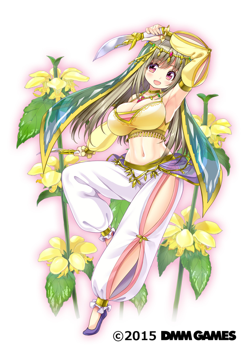1girl :d breasts brown_hair copyright_name costume_request dancing dmm eyebrows_visible_through_hair flower_knight_girl full_body high_heels highres holding holding_knife knife lamium_(flower_knight_girl) large_breasts long_hair looking_at_viewer navel object_namesake official_art open_mouth red_eyes shuz_(dodidu) smile solo standing standing_on_one_leg translucent white_background