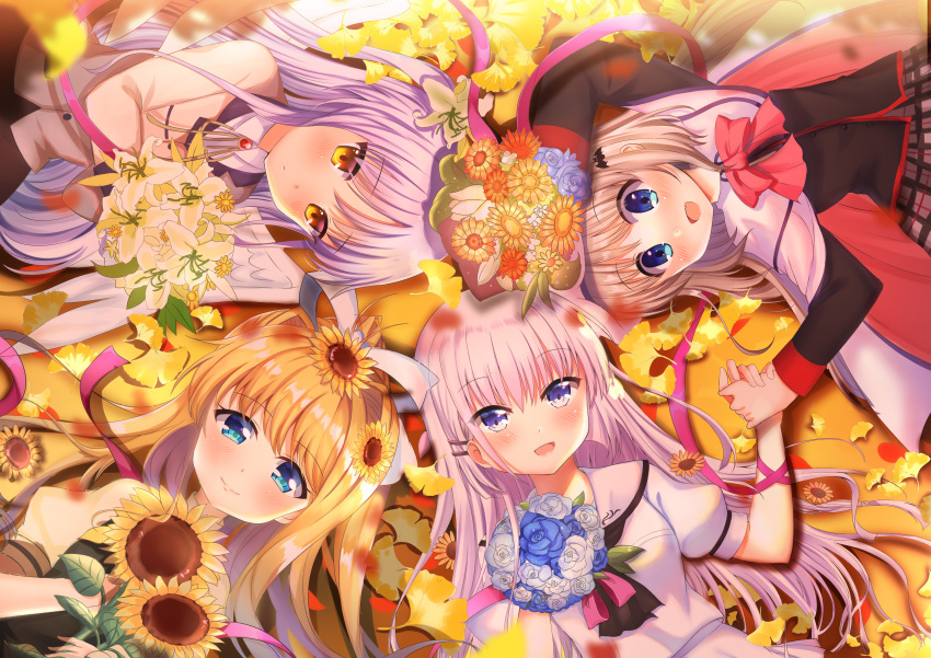 4girls :d absurdres air angel_beats! arm_up bangs black_shirt black_skirt blazer blonde_hair blue_eyes blue_flower blue_rose blurry blurry_foreground blush bouquet bow brown_eyes brown_jacket brown_ribbon cape closed_mouth collared_shirt commentary_request company_connection depth_of_field eyebrows_visible_through_hair fang flower ginkgo ginkgo_leaf grey_skirt hair_flower hair_intakes hair_ornament hair_ribbon hairclip high_ponytail highres holding holding_bouquet holding_hands jacket kamio_misuzu key_(company) light_brown_hair little_busters! long_hair long_sleeves lydia601304 lying multicolored multicolored_cape multicolored_clothes multiple_girls naruse_shiroha neck_ribbon noumi_kudryavka on_back open_mouth orange_flower plaid plaid_skirt ponytail puffy_short_sleeves puffy_sleeves purple_eyes purple_hair red_bow red_cape ribbon rose sailor_collar school_uniform serafuku shinda_sekai_sensen_uniform shirt short_sleeves skirt smile summer_pockets sunflower sunflower_hair_ornament tenshi_(angel_beats!) very_long_hair white_cape white_flower white_ribbon white_rose white_sailor_collar white_shirt yellow_flower